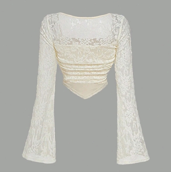 Cream Flare Sleeve Square Collar Ruffle Trim Hem T-Shirt,Long Sleeve Top - Picture 4 of 4